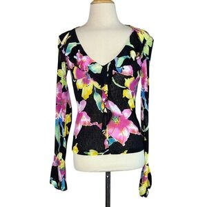 CACHE Women Small Black Floral Vneck Ruffle Boho Sleeve Y2K Top Whimsigoth Fairy